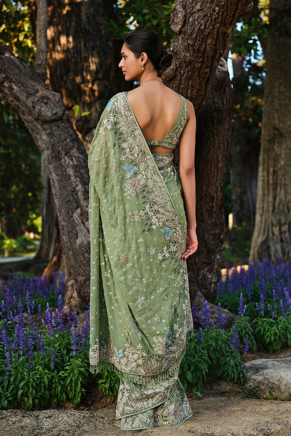 Elodea Embroidered Georgette Saree - Sage