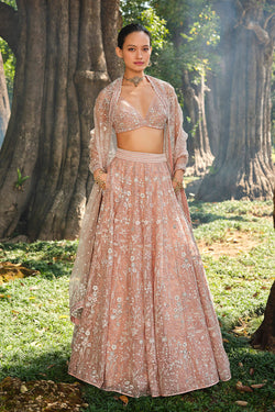 Forest Rose Embroidered Silk Lehenga Set - Blush