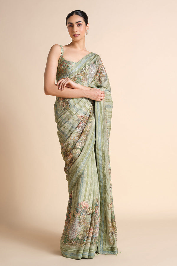 Avonlea Printed Saree - Sage