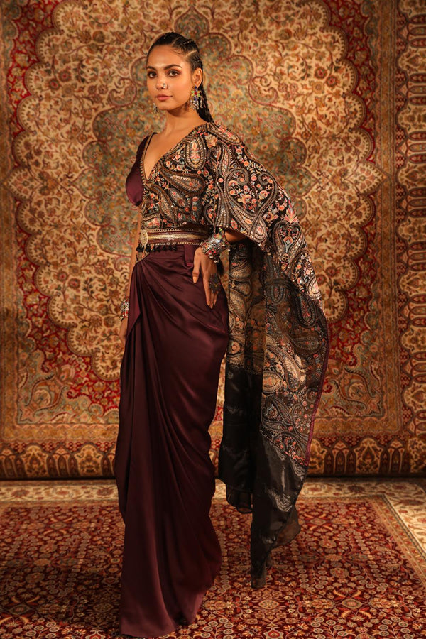 Wine Jamawaar Draped Saree