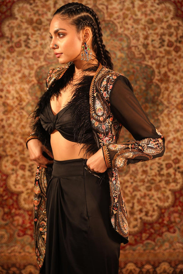 Black Jamawaar Jacket With Fur, Knotted Blouse, Draped Skirt