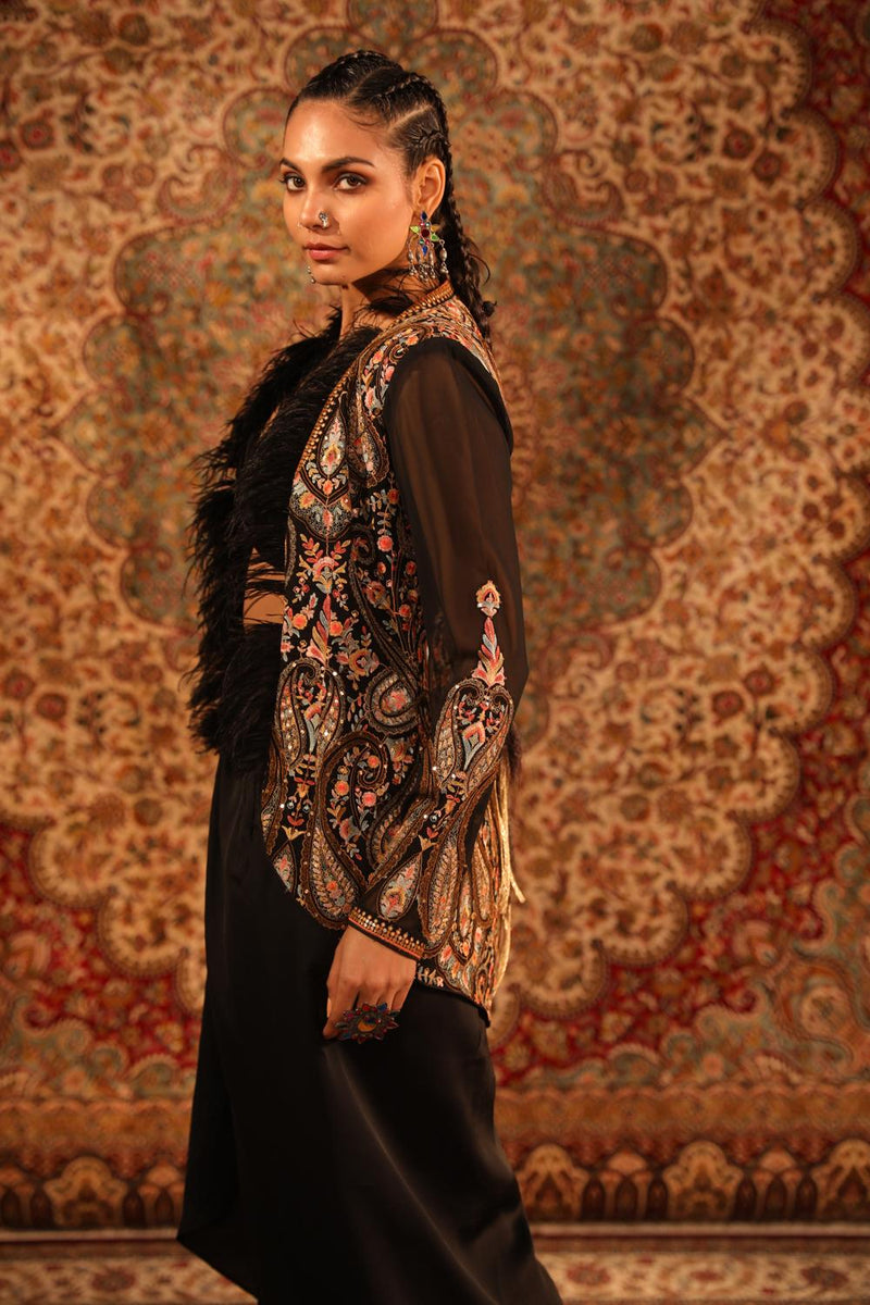 Black Jamawaar Jacket With Fur, Knotted Blouse, Draped Skirt