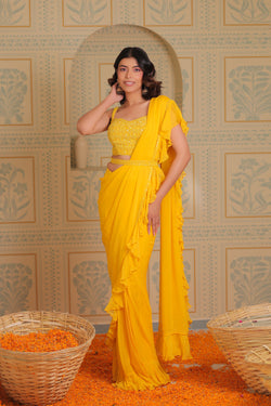 Yellow Drape Saree With Blouse And Belt