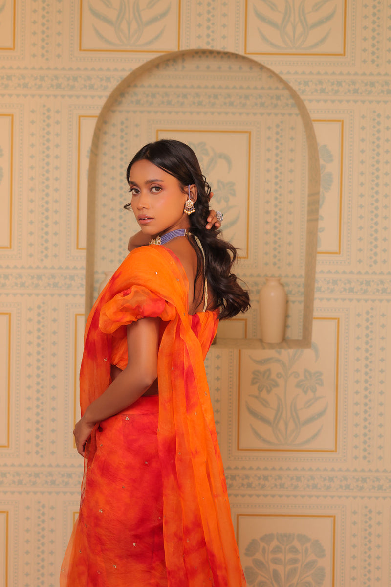 Orange Tiedye Drape Saree With Blouse