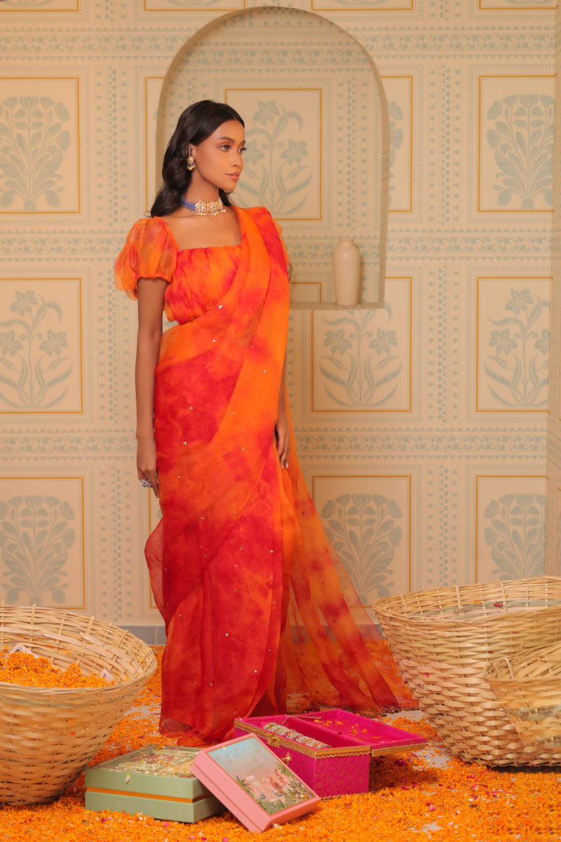 Orange Tiedye Drape Saree With Blouse