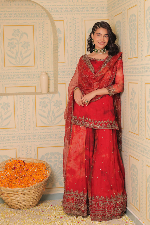 Anaari Red Kurta And Sharara With Dupatta