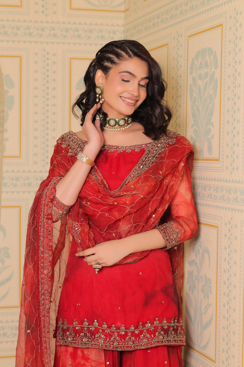 Anaari Red Kurta And Sharara With Dupatta