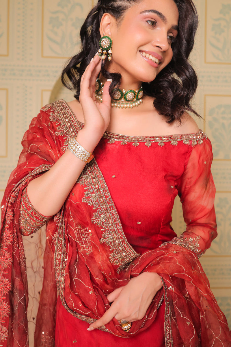 Anaari Red Kurta And Sharara With Dupatta