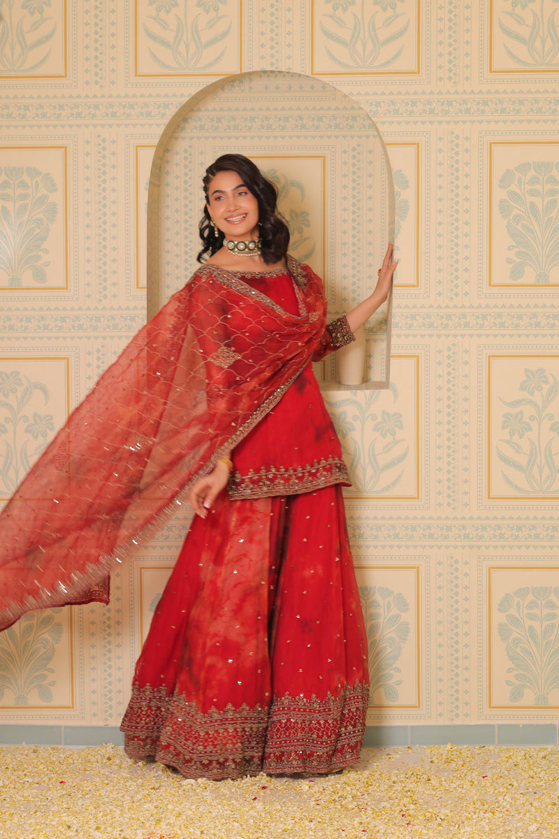 Anaari Red Kurta And Sharara With Dupatta