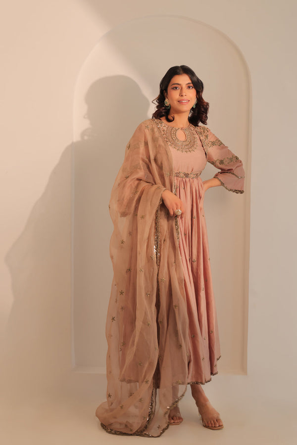 Beige Gold Anarkali With Dupatta