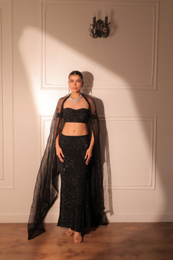 Black Cocktail Bustier And Slit Skirt With Dupatta