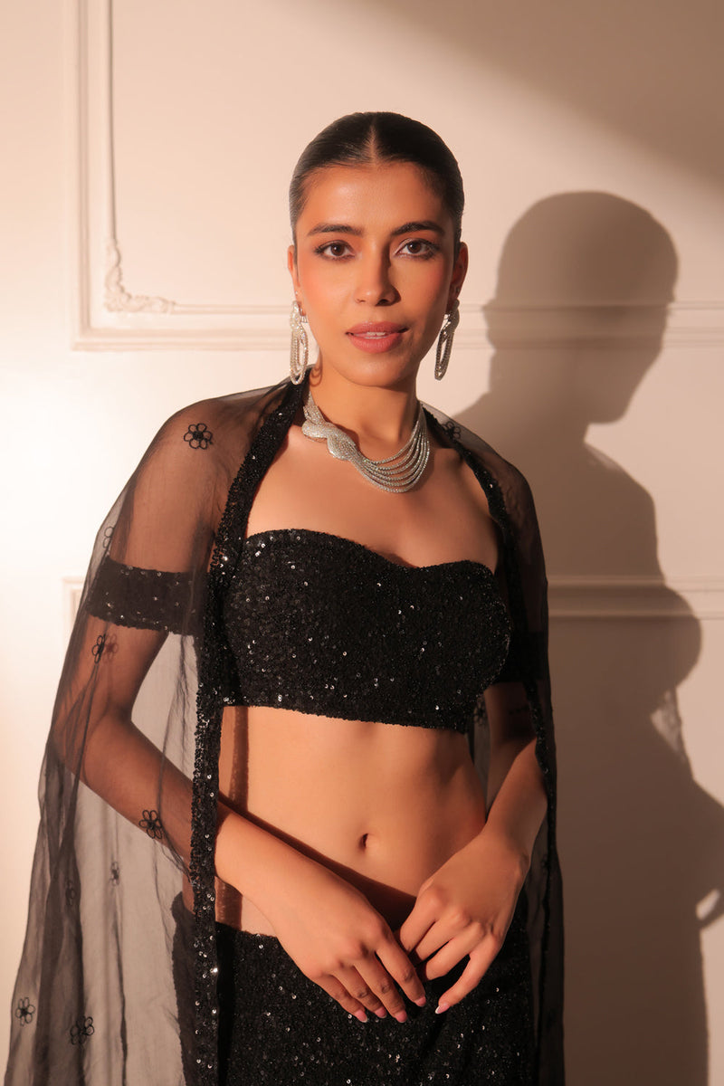 Black Cocktail Bustier And Slit Skirt With Dupatta