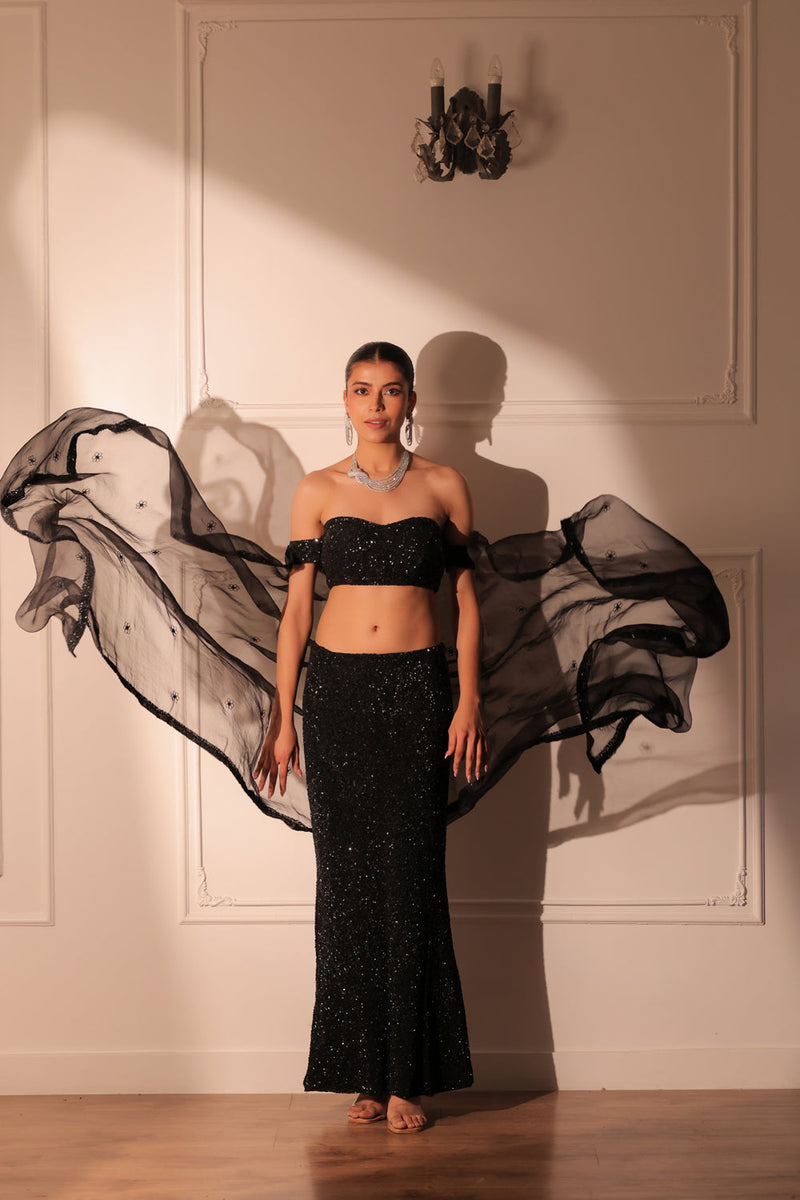 Black Cocktail Bustier And Slit Skirt With Dupatta