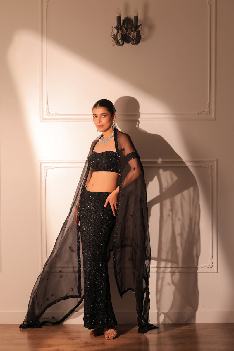 Black Cocktail Bustier And Slit Skirt With Dupatta