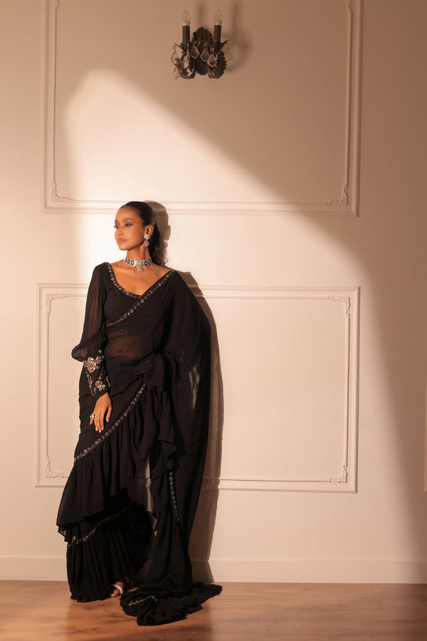 Black Ruffle Drape Saree And Blouse With Belt