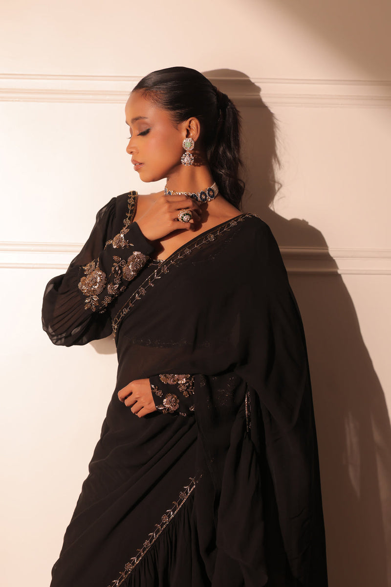 Black Ruffle Drape Saree And Blouse With Belt