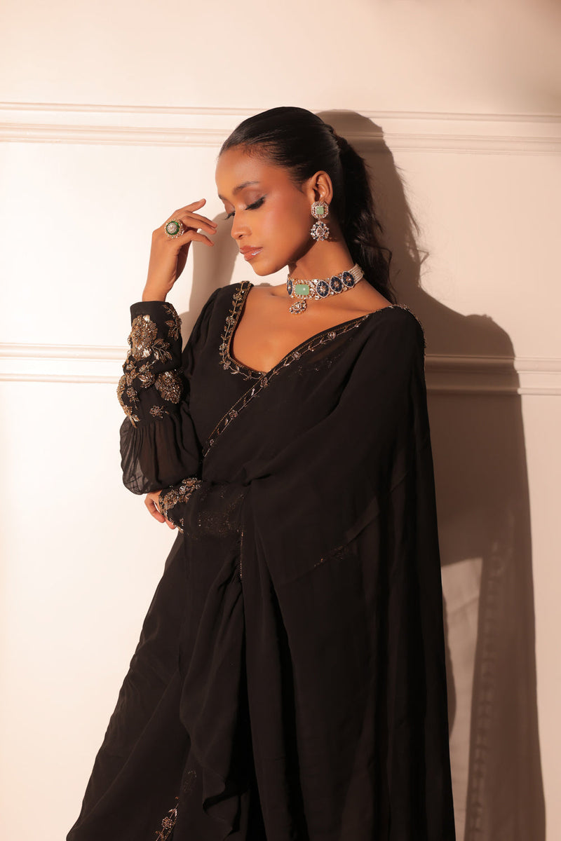 Black Ruffle Drape Saree And Blouse With Belt