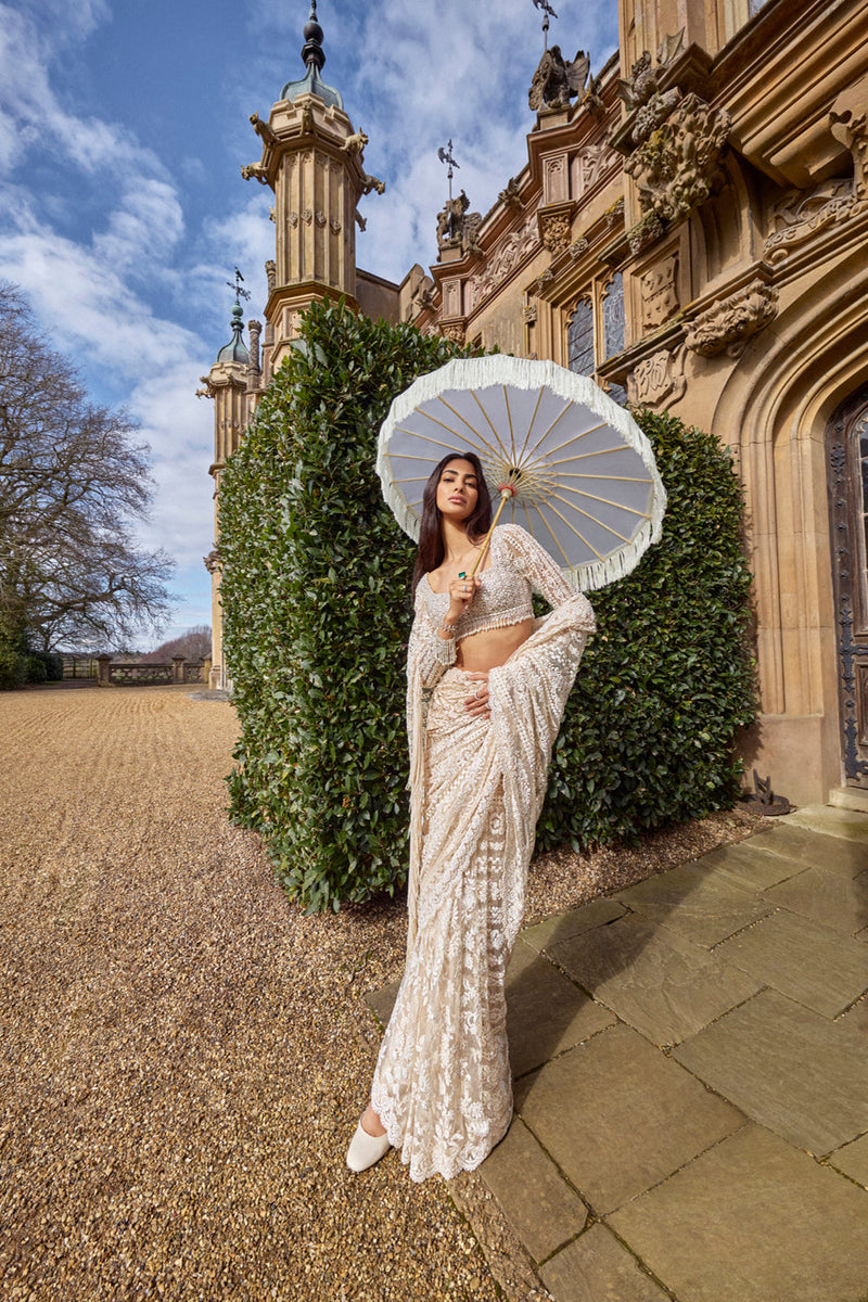 Powder Peach Stripe Saree Set