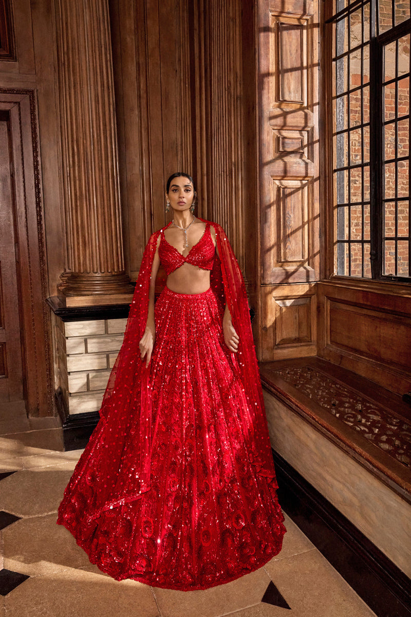 Red Floral Sequin Lehenga Set