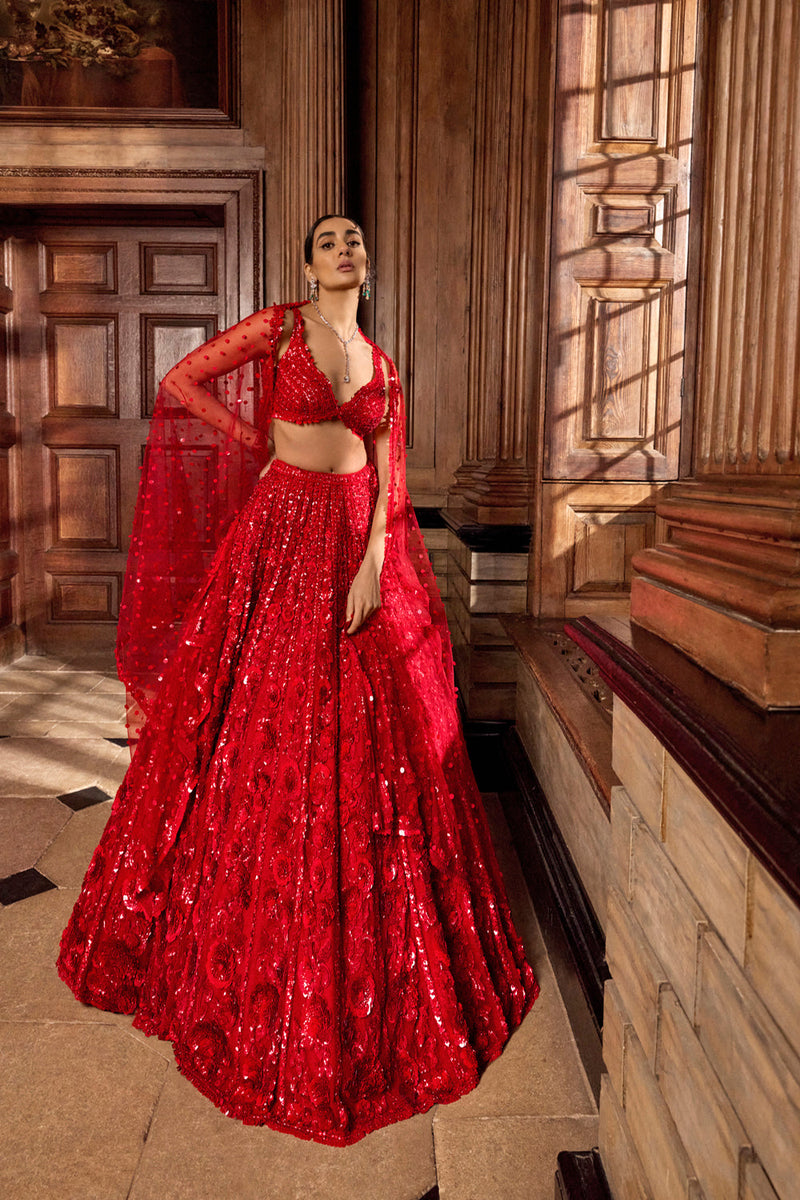 Red Floral Sequin Lehenga Set