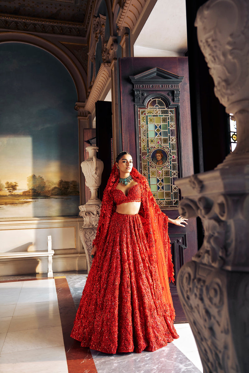 Red Three-Dimensional Floral Lehenga Set