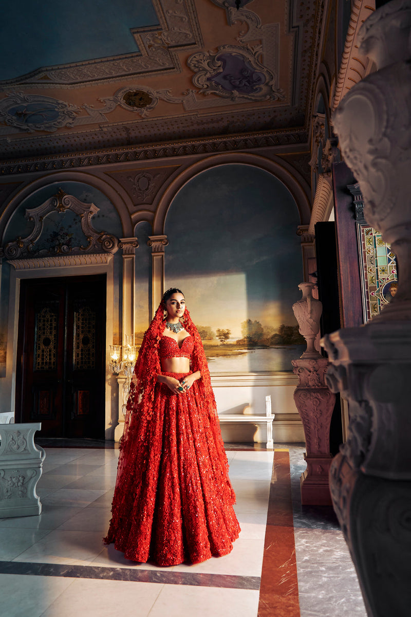 Red Three-Dimensional Floral Lehenga Set