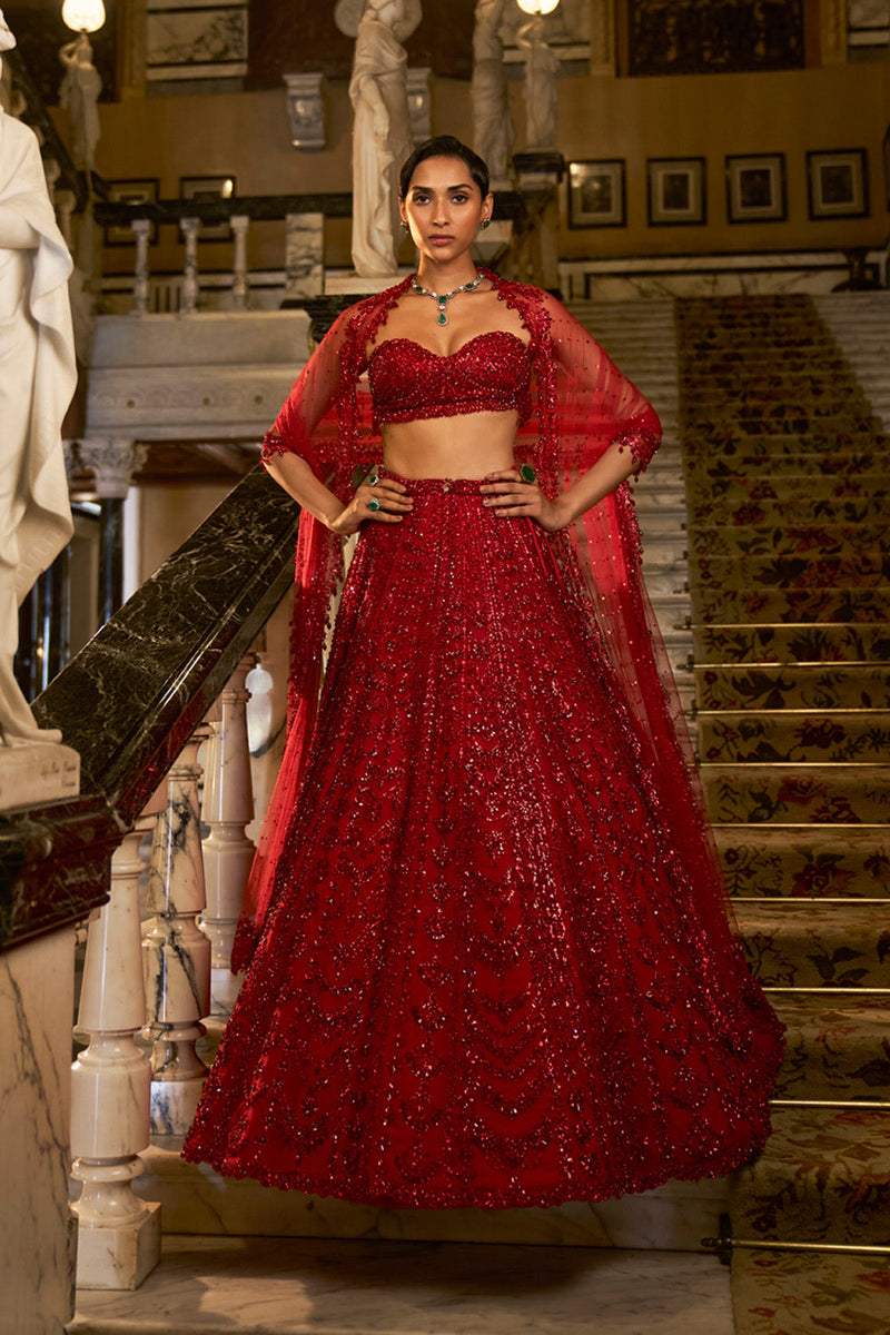 Red Crystal Lehenga Set