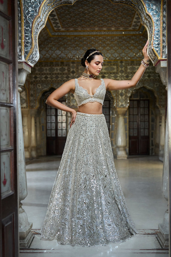 Ivory Mirror Work Lehenga Set