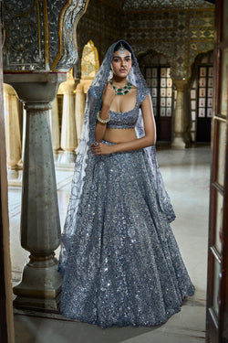 Steel Grey Mirror Work Lehenga Set