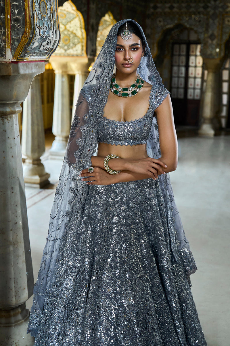 Steel Grey Mirror Work Lehenga Set