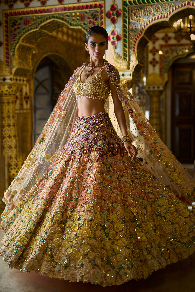 Ombre Multi-Coloured Three-Dimensional Floral Lehenga Set