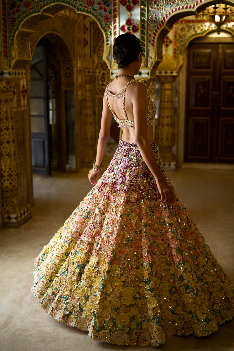 Ombre Multi-Coloured Three-Dimensional Floral Lehenga Set