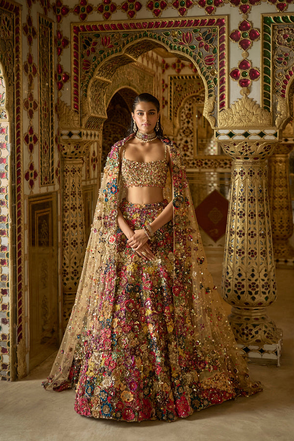 Multi-Coloured Three-Dimensional Floral Lehenga Set