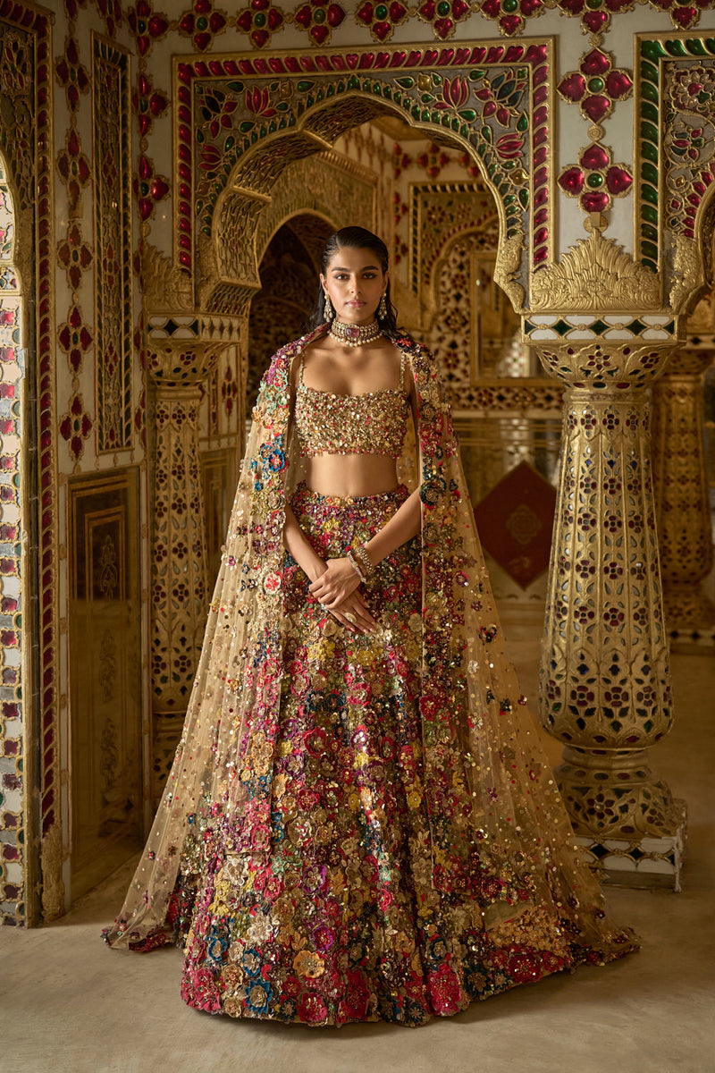 Multi-Coloured Three-Dimensional Floral Lehenga Set