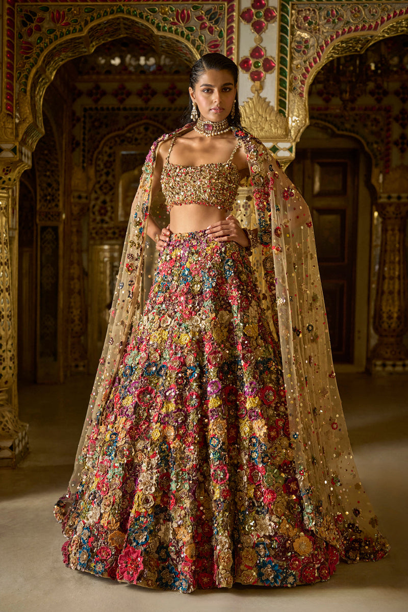 Multi-Coloured Three-Dimensional Floral Lehenga Set