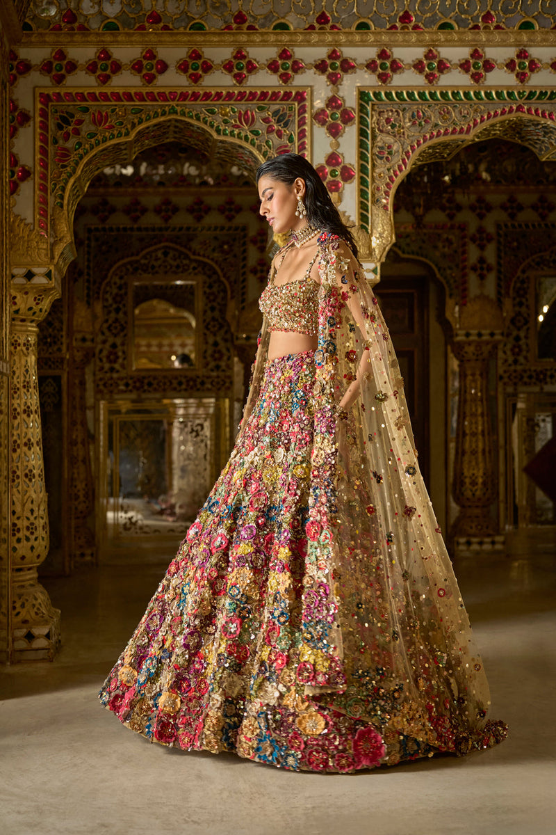 Multi-Coloured Three-Dimensional Floral Lehenga Set