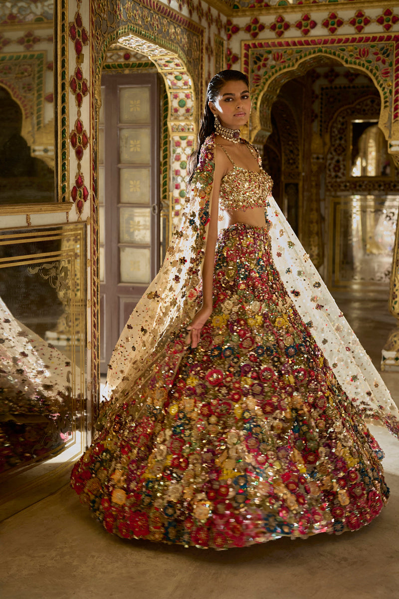 Multi-Coloured Three-Dimensional Floral Lehenga Set