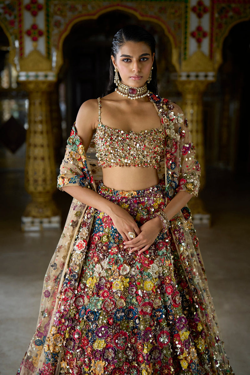 Multi-Coloured Three-Dimensional Floral Lehenga Set