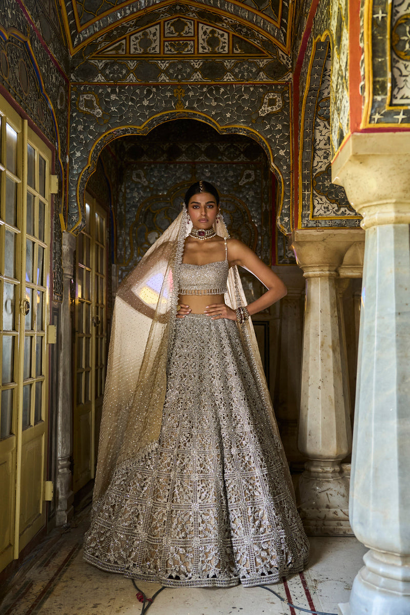 Silver Geometric Cut Work Lehenga