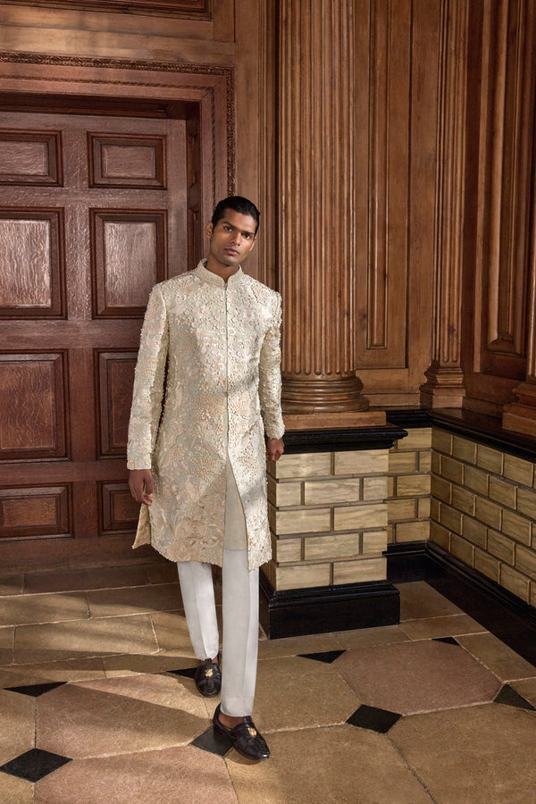 Sea Green Three Dimensional Floral Sherwani Set