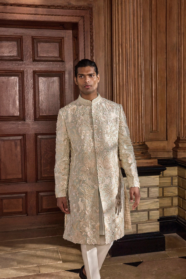 Sea Green Three Dimensional Floral Sherwani Set