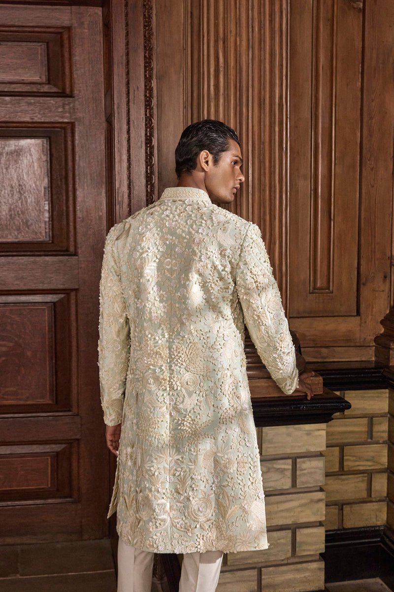 Sea Green Three Dimensional Floral Sherwani Set