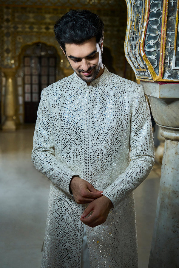 Ivory Mirror Work Sherwani Set