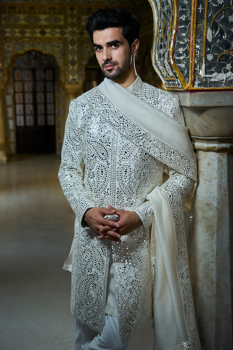 Ivory Mirror Work Sherwani Set