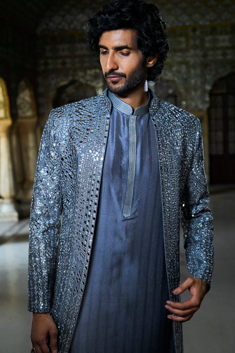 Steel Grey Mirror Work Open Jacket Set