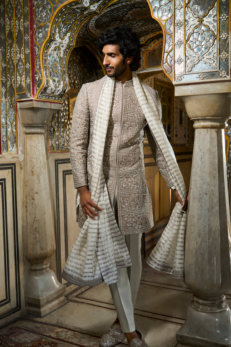 Silver Geometric Sherwani Set