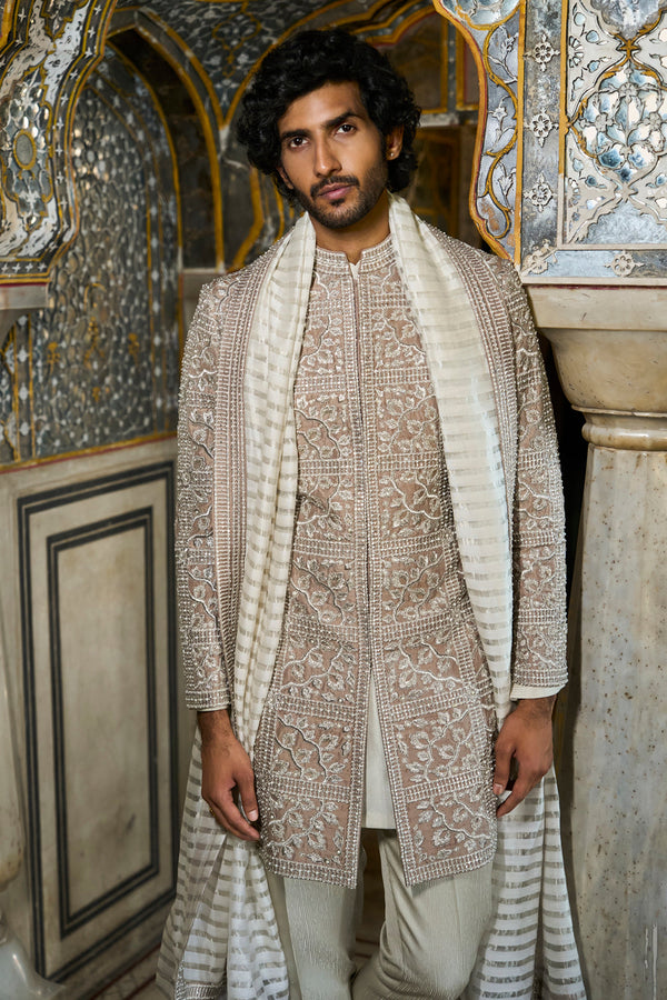 Silver Geometric Sherwani Set