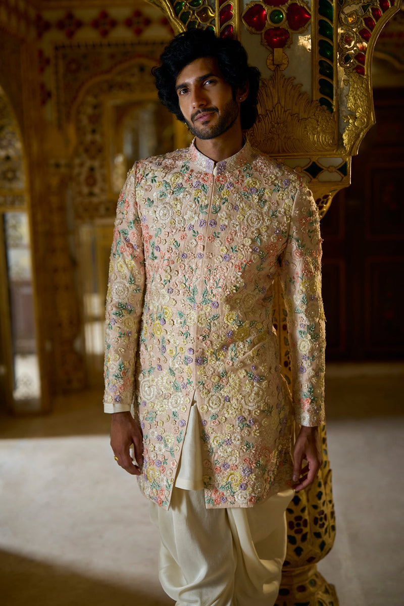 Cream Multi-Coloured Three- Dimensional Sherwani Set