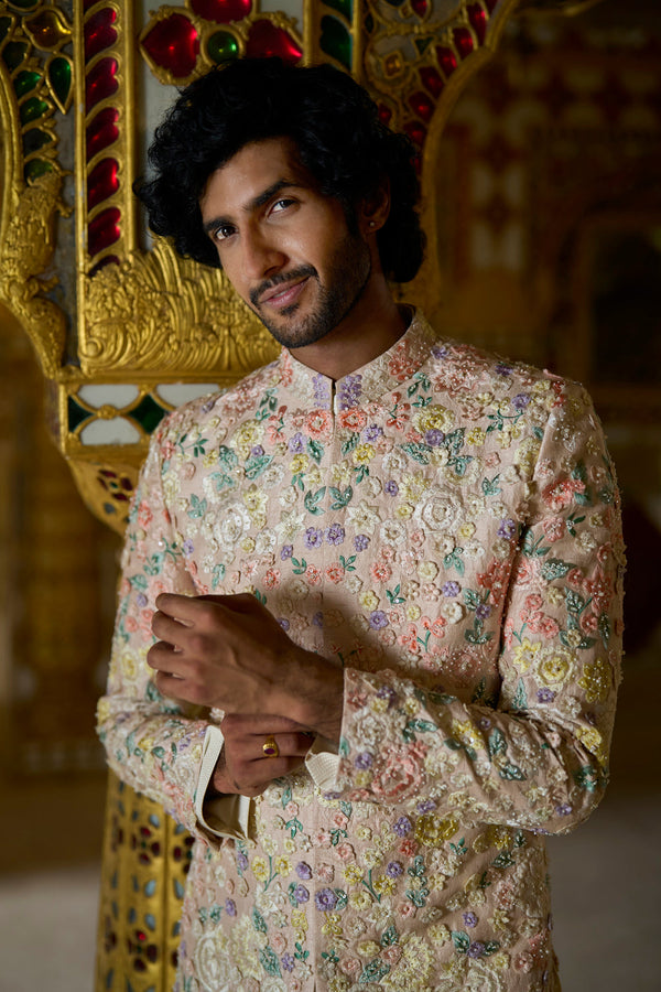 Cream Multi-Coloured Three- Dimensional Sherwani Set