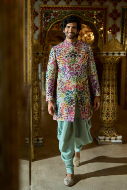 Sage Green Multi- Coloured Three-Dimenisonal Sherwani Set